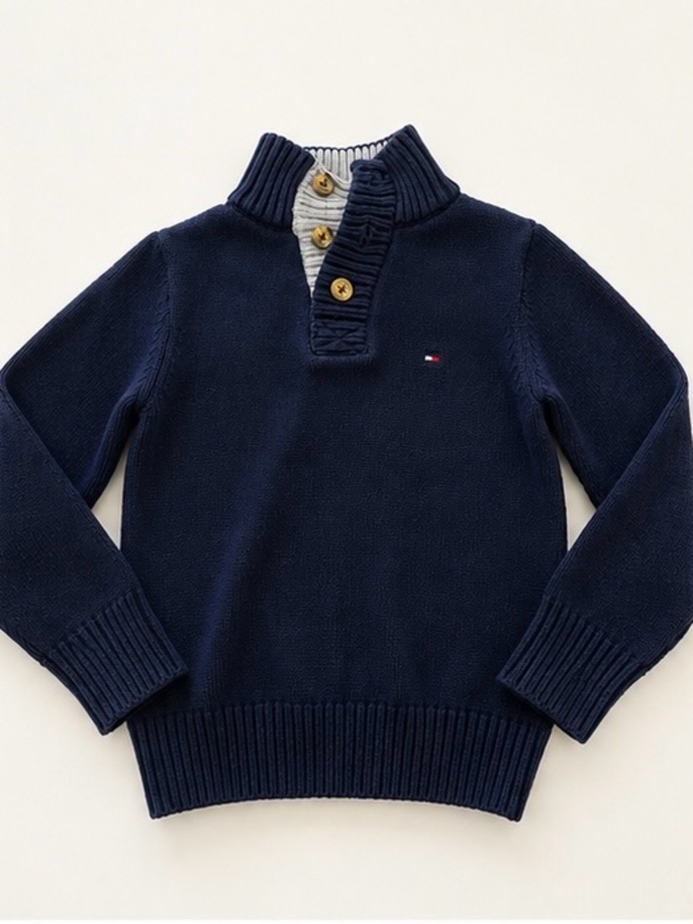 Tommy Hilfiger Navy and Red Trim Rib-Knit Henley Sweater